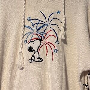 Peanuts Snoopy  White Hoodie Sweater with Red and Blue Fireworks Embroidery